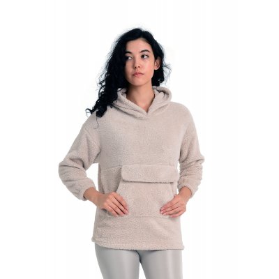 bej kapüşonlu pelüş sweatshirt G1001-3